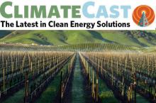 climate cast header over photo of rows of vineyard grapes
