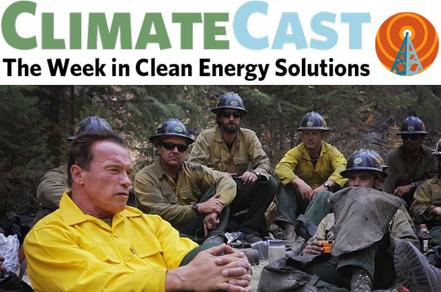ClimateCast Logo over Schwarzenegger in Years of Living Dangerously