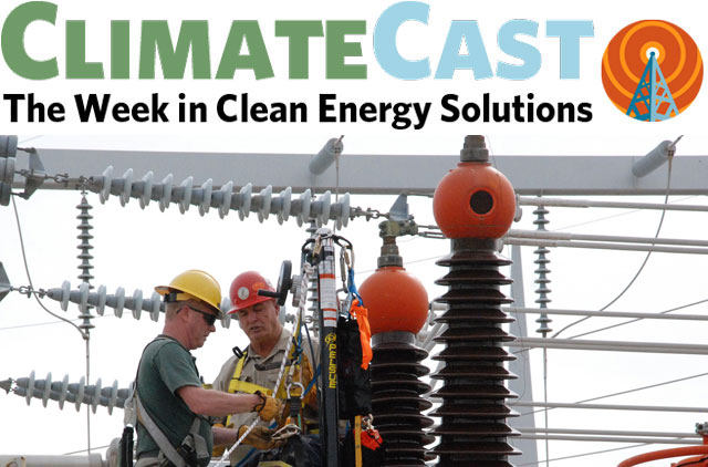 ClimateCast Logo over linemen working at substation