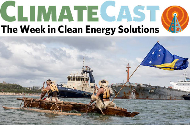 ClimateCast logo over canoe blockaders in Australian port