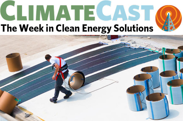 ClimateCast logo over man installing Solar Cloth panels
