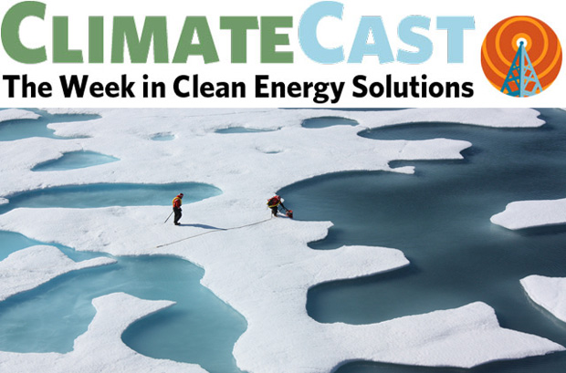 ClimateCast logo over sea ice and two researchers
