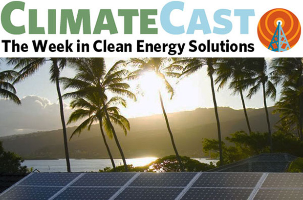 ClimateCast logo over palm trees and solar panels