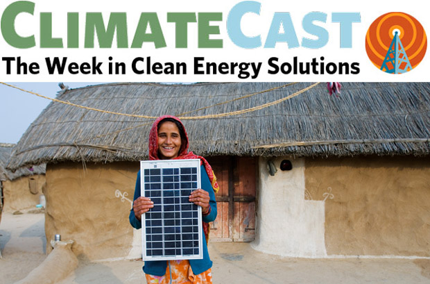 ClimateCast logo over Rajasthani villager with solar panel