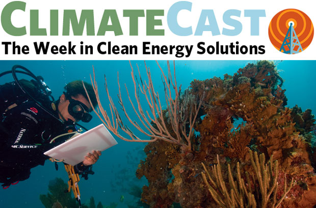 ClimateCast logo above photo of diver and coral reef