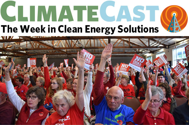 ClimateCast logo over citizens at Millennium coal export hearing