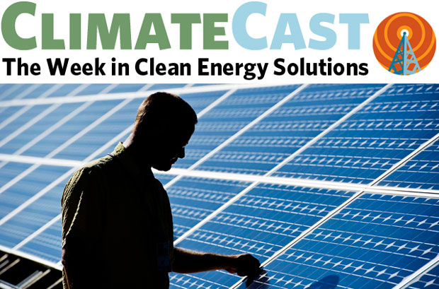 ClimateCast logo above silhouette of man in front of solar panels