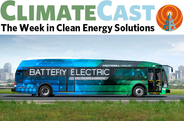 ClimateCast logo over artist's rendition of electric bus