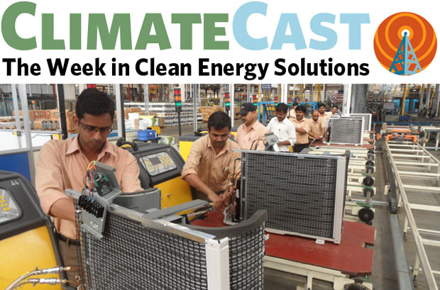 ClimateCast logo over Indian air-conditioner assembly line
