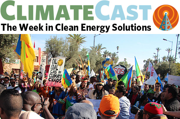 ClimateCast logo over scene of climate march in Marrakech at UN COP22