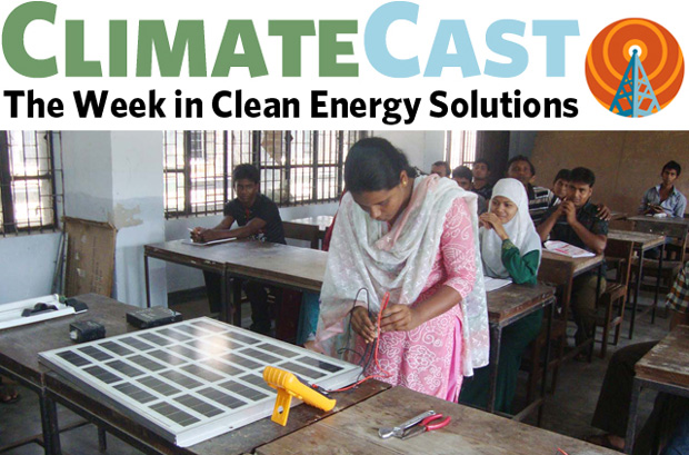 ClimateCast logo over trainee learning to service solar panels in Bangladesh