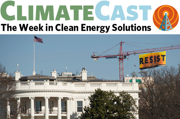 ClimateCast logo over White House with Resist banner