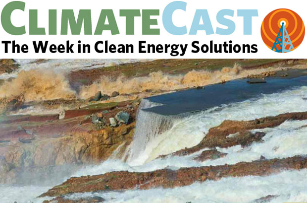 ClimateCast logo over flow from Oroville spillway