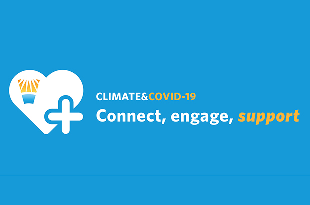Text: "Climate & Covid-19: connect, engage, support" on a blue background next to a heart shape with the climate solutions logo inside