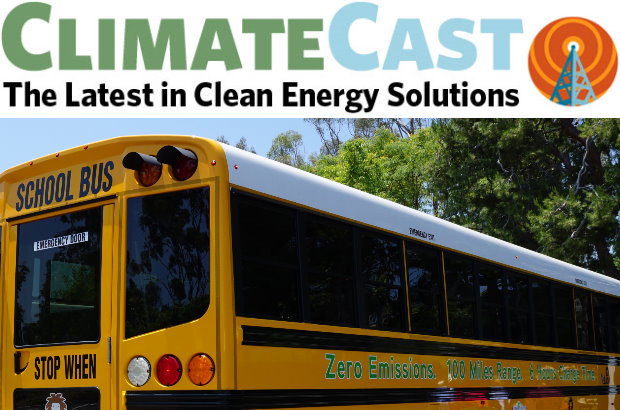 Climate cast header photo of an electric school bus