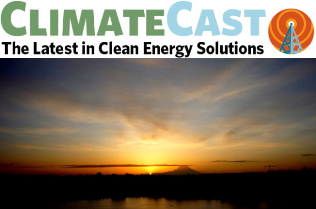 Climate Cast banner graphic, with photo of sunrise overlooking Olympia, Washington below.