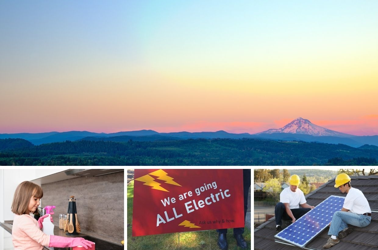 collage of Mount Hood, a girl cleaning an electric induction stove, and solar panel installers