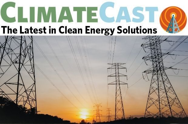 Climate Cast banner with photo of power lines at sunset