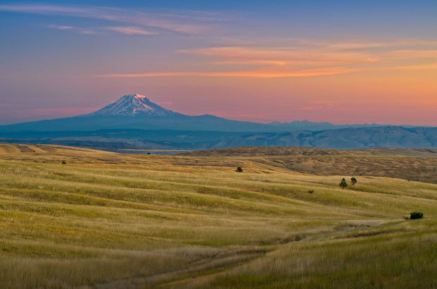 Photo of sunrise over prairie, Mt. Adams Oregon