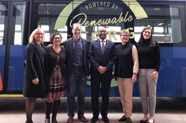 Photo of TriMet GM Sam Desue and Sen. Dembrow were joined by Metro Council President Lynn Peterson, Multnomah County Commissioner Jessica Vega-Pederson, Portland General Electric President and CEO Maria Pope and Climate Solutions’ Oregon Director Meredith Connolly.