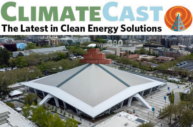 aerial of climate pledge arena with fudge on roof 