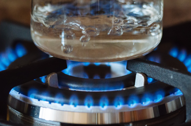 image of a gas burner boiling water in a clear glass pot