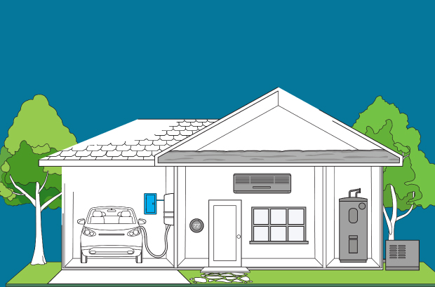 vector drawing of all electric house including plug-in electric car, heat pump and heat pump hot water heaters