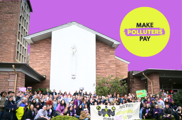 Make Polluters Pay advocates pose near the capital in Salem