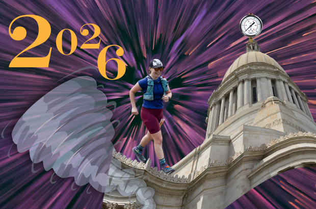 collage of wa capitol building, pressure gauge, whirlwind vector, woman running, and 2026 overlayed over warp speed background
