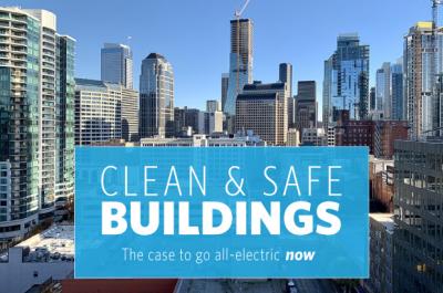 city skyline with text overlay "clean and safe buildings"