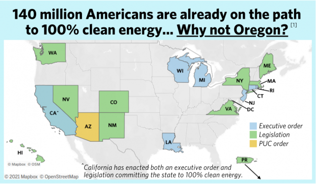 Map of United States with states adopting 100% clean energy policies highlighted