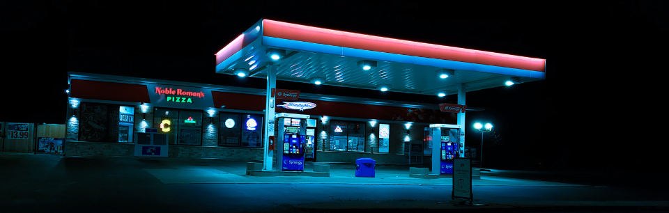 Photo of dimly-lit gas station at night