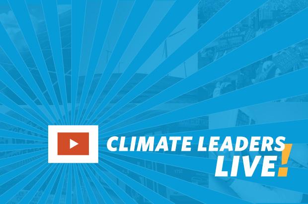 text: Climate Leaders Live! on blue background