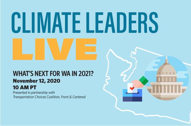 icons of wa capitol building and hand voting inside outline of washington state with text for climate leaders live 