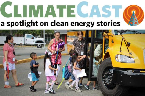 Photo of kindergarteners boarding an electric school bus