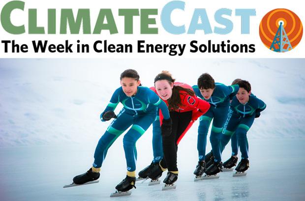 ClimateCast logo over skaters on outdoor rink in Prince George, BC