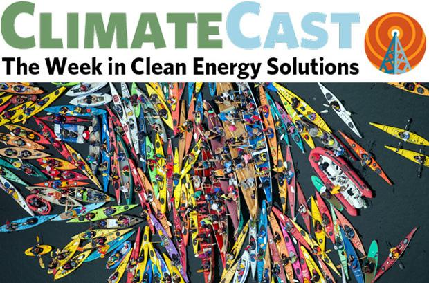 ClimateCast logo over kayaks protesting the Polar Pioneer, Seattle