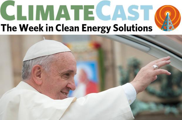 ClimateCast logo over Pope Francis