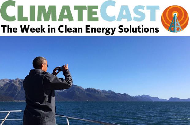 ClimateCast logo over President Obama shooting Alaskan landscape
