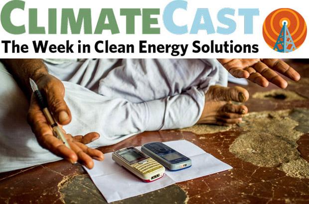 ClimateCast logo over photo of cell phones used to receive weather forecasts