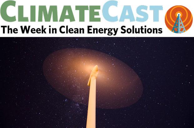 ClimateCast logo over wind turbine against night sky
