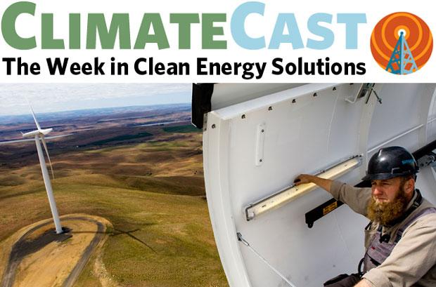 ClimateCast logo over worker in wind turbine