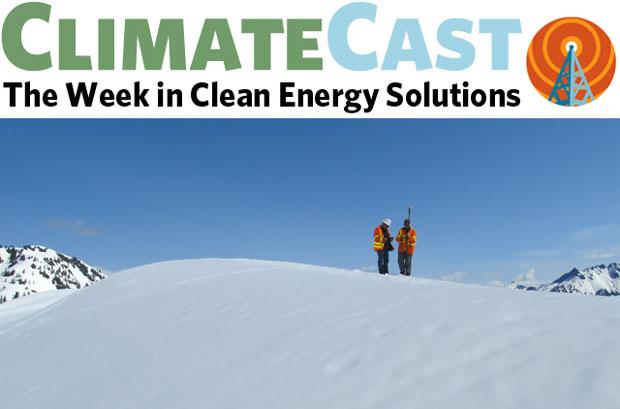 ClimateCast logo over technicians measuring snow depth