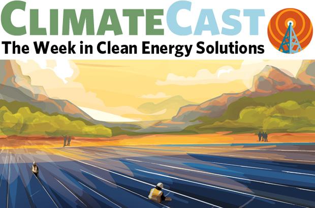 ClimateCast logo over detail of WPA-style DOE PV poster