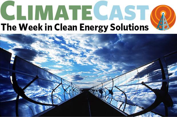 ClimateCast logo above photo of concentrating solar collectors