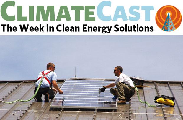 ClimateCast logo above workers installing PVs
