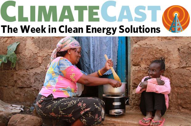 ClimateCast logo over charcoal stove cooking