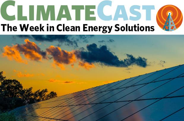ClimateCast logo above sunset clouds and PV panels
