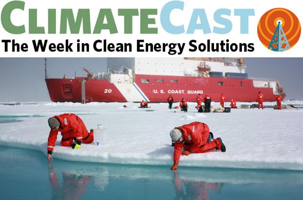 ClimateCast logo over researchers sampling melt ponds in sea ice