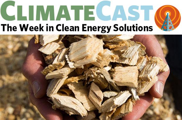 ClimateCast logo over hands holding wood chips